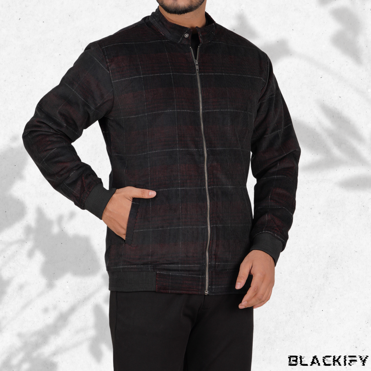 Men’s Corduroy Jacket in Black & Maroon Check | CD-20